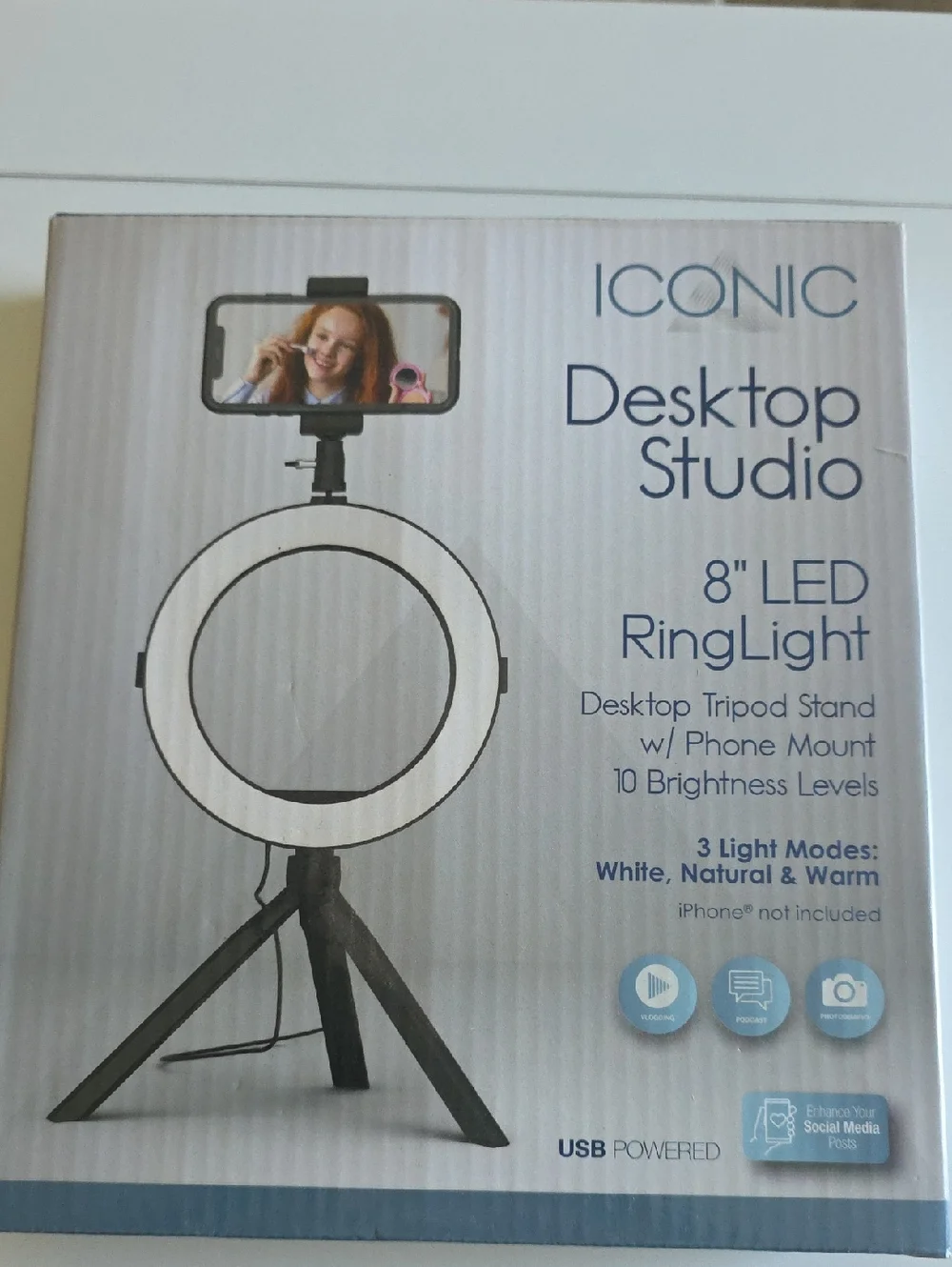 (J67) ICONIC Desktop Studio 8" LED Ring Light with Tripod Phone Mount - White - Picture 1 of 3